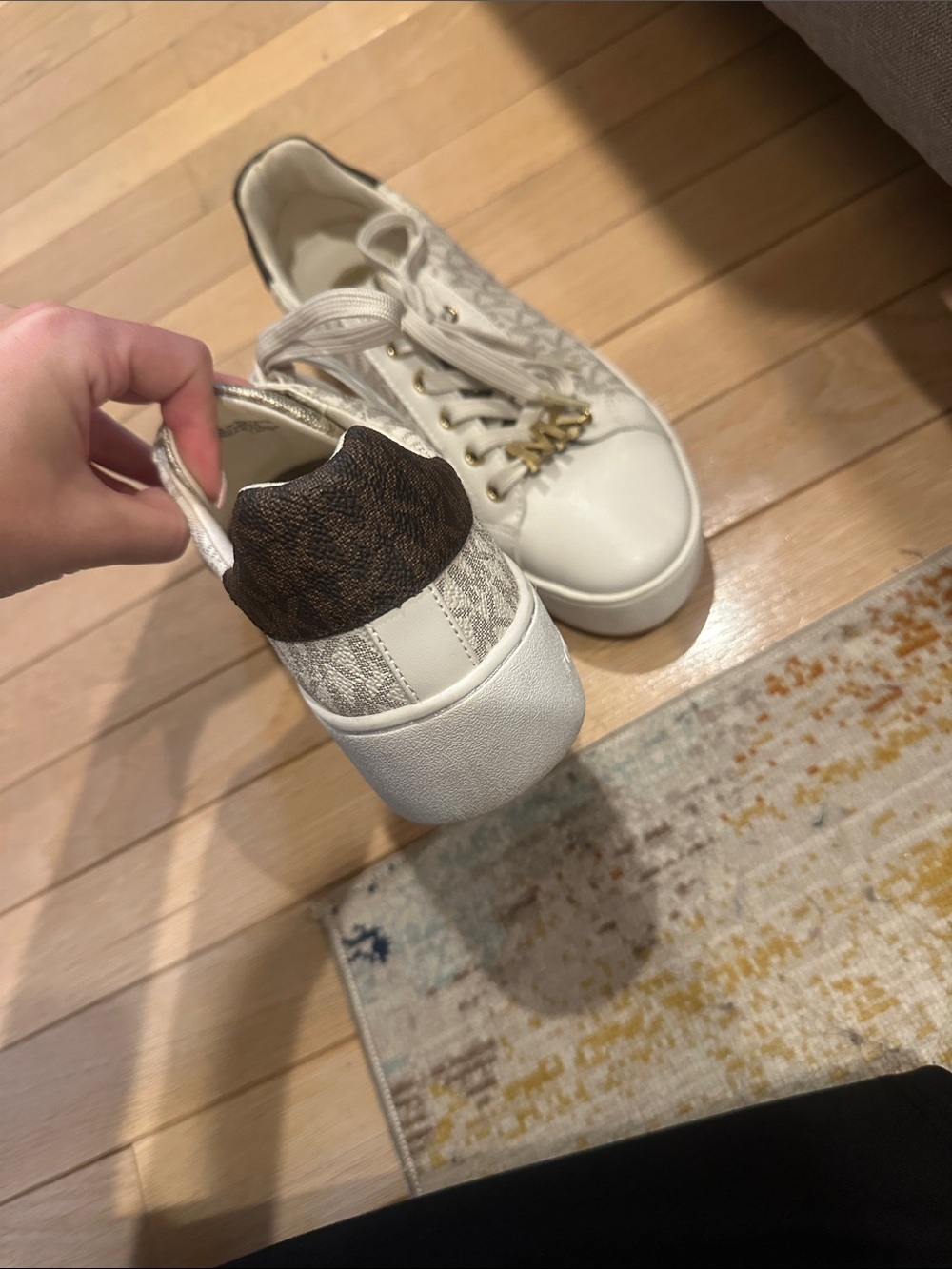 Michael Kors Cream and Gold MK Logo Low-Top Sneakers - Picture 5 of 12
